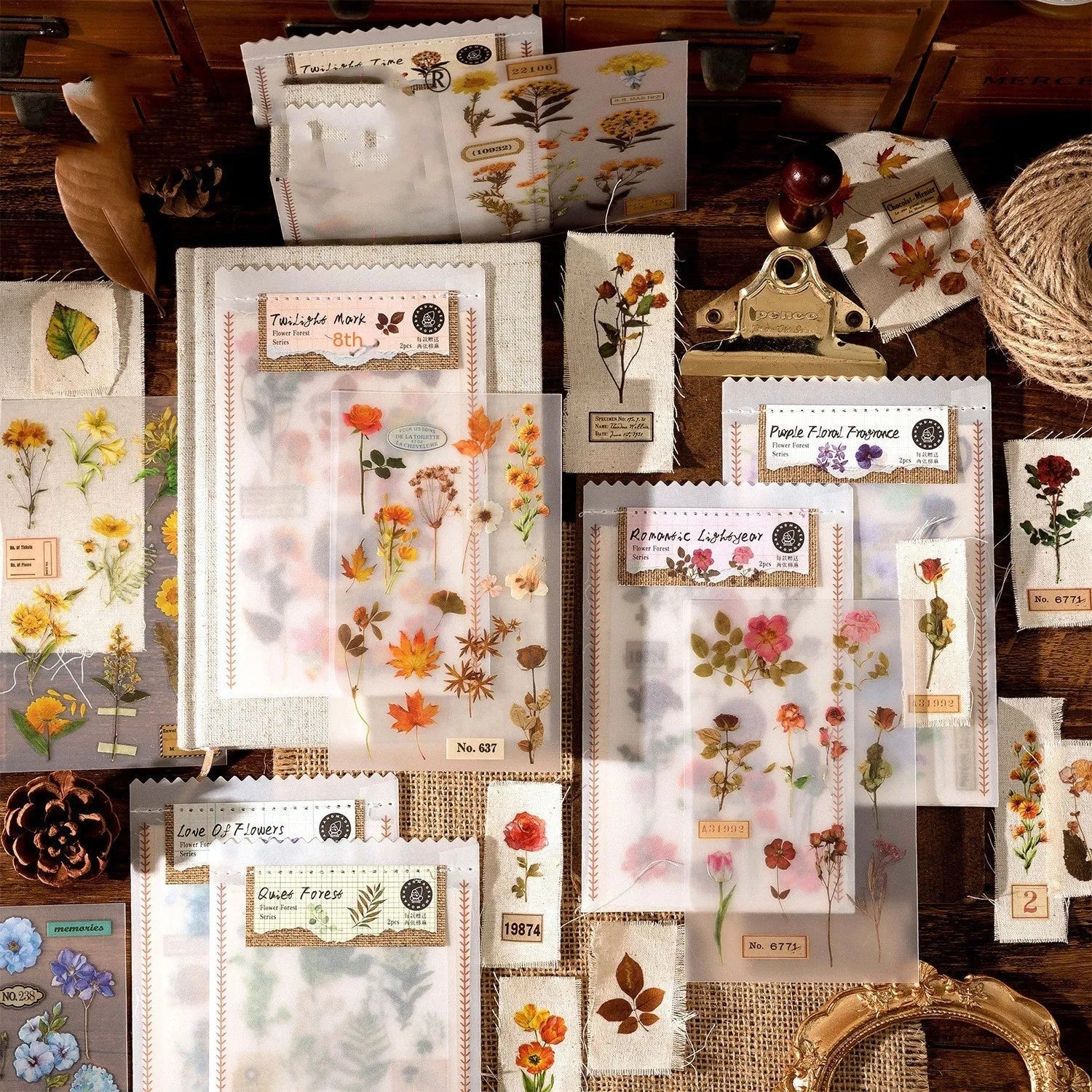 Huazhisen art nouveau forest sticker pack showing transfer paper and cotton linen sheets in six colour designs
