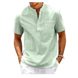 Men's solid colour short sleeve polo shirt with stand collar and loose fit, bird eye cloth, summer top.