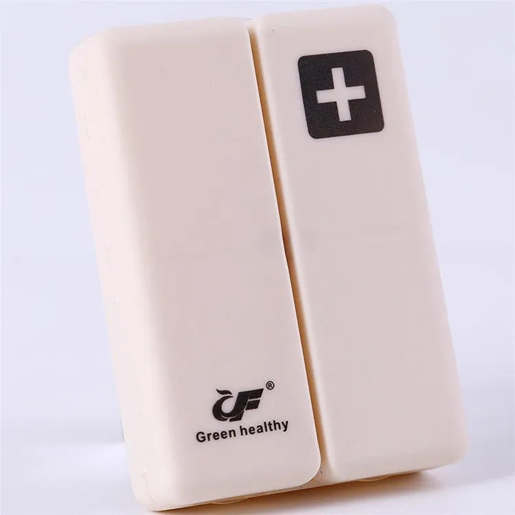 Blue foldable pill box with seven compartments and magnetic closure showing open and closed positions