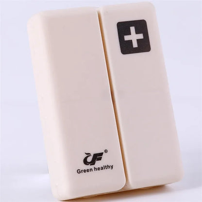 Blue foldable pill box with seven compartments and magnetic closure showing open and closed positions