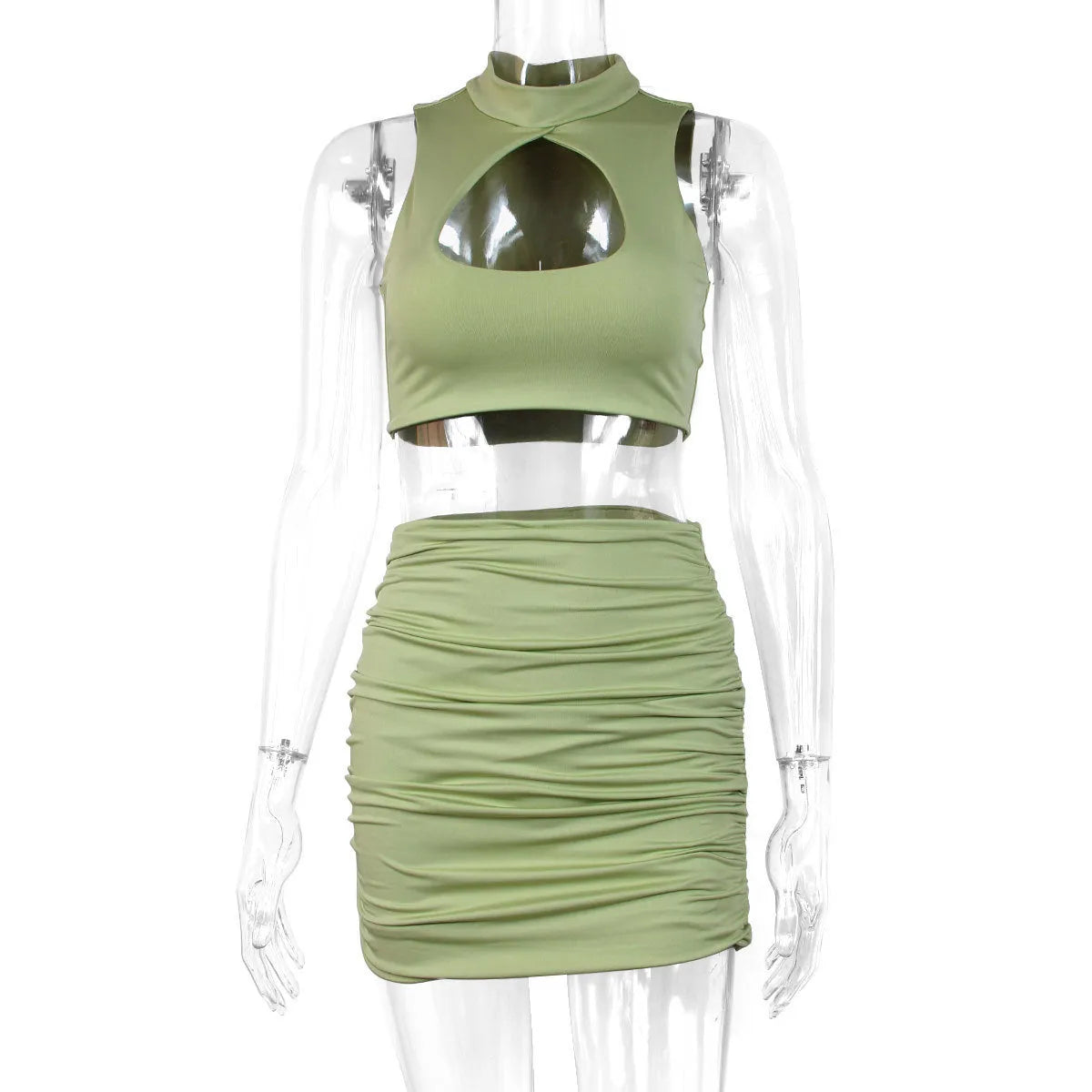 Light purple women's two-piece set with a cutout vest and a split skirt on a model.