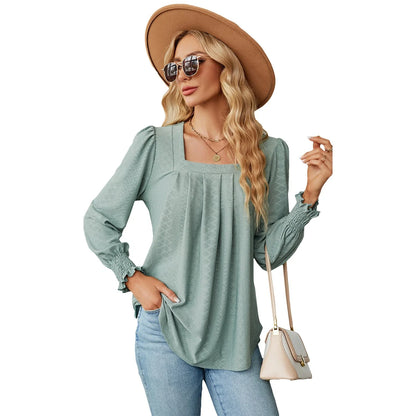 Elegant Jacquard Pleated Top in a variety of chic colours, featuring a unique pattern and flattering square neckline