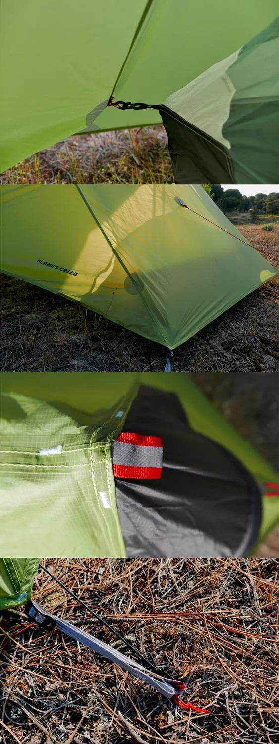 Silicon-coated poleless tent in camouflage green, featuring rainproof design and lightweight aluminum poles