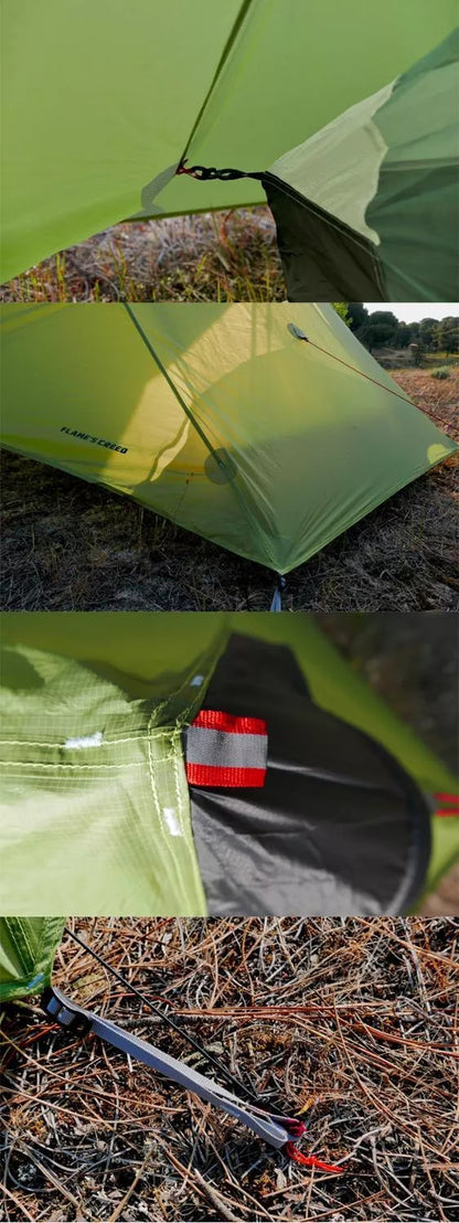Silicon-coated poleless tent in camouflage green, featuring rainproof design and lightweight aluminum poles