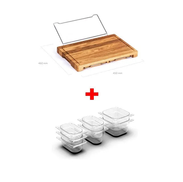 Bamboo cutting board with smooth surface alongside two large and three small plastic storage trays for vegetables and meat.