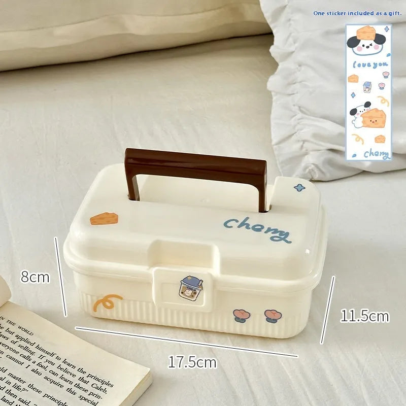 A white double-layer plastic storage box with large capacity, shown with a selection of large, medium, and small stickers.