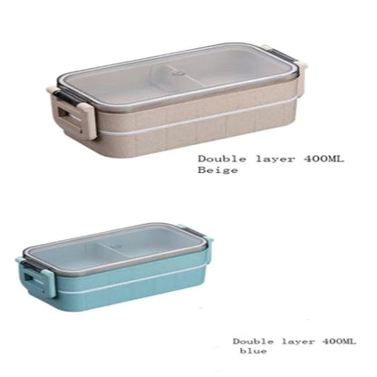 Square wheat straw lunch box with lock seal in blue, beige, or pink colours.