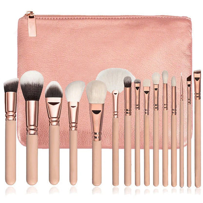 15-piece rose gold makeup brush set with wooden handles and storage bag
