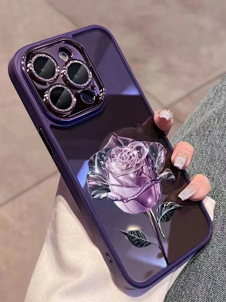 Dark Purple Fairy Pink Rose TPU iPhone case with matching sparkling pink camera lens film.