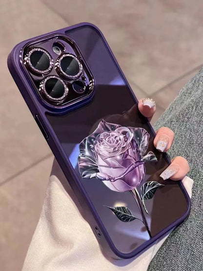 Dark Purple Fairy Pink Rose TPU iPhone case with matching sparkling pink camera lens film.