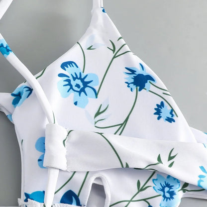 Floral tie-neck triangle bikini top with matching ruffle shorts swimsuit set