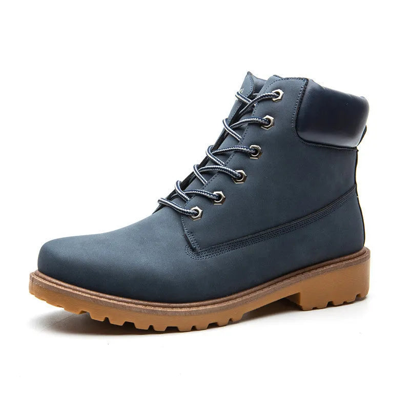 Martin boots with lace-up front, round toe and flat low heel in pink with velvet lining
