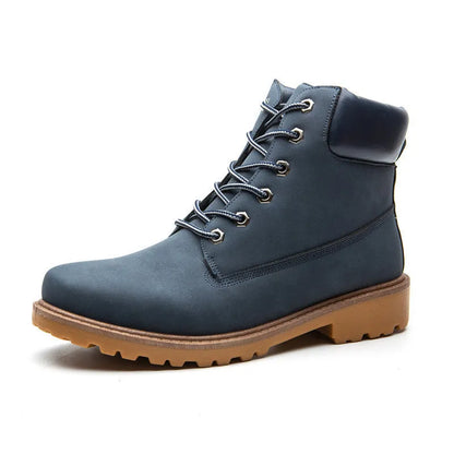 Martin boots with lace-up front, round toe and flat low heel in pink with velvet lining