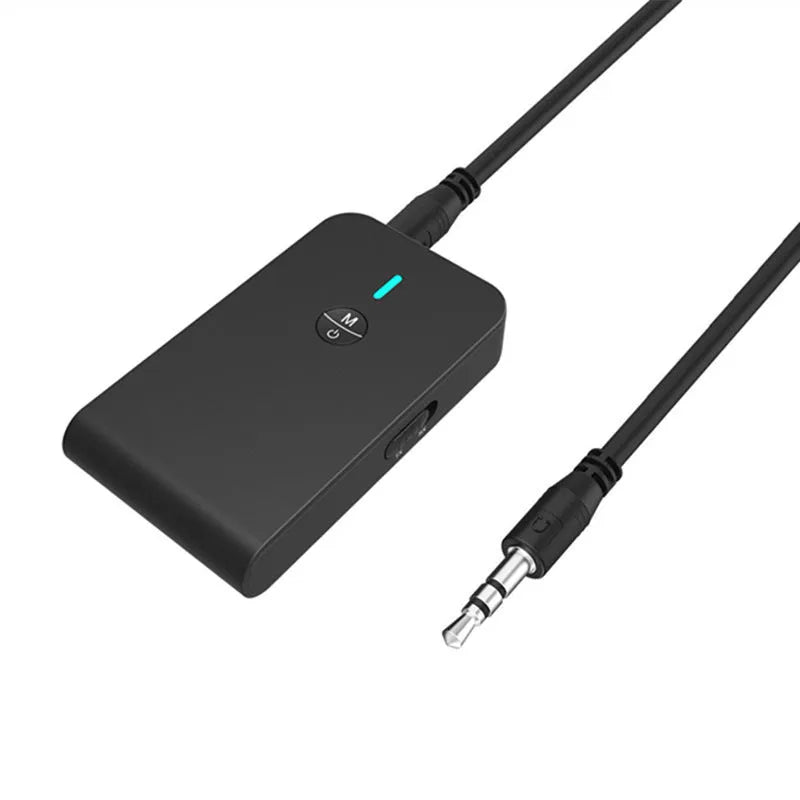 Black Bluetooth audio adapter with 3.5mm AUX cable for wireless music streaming.