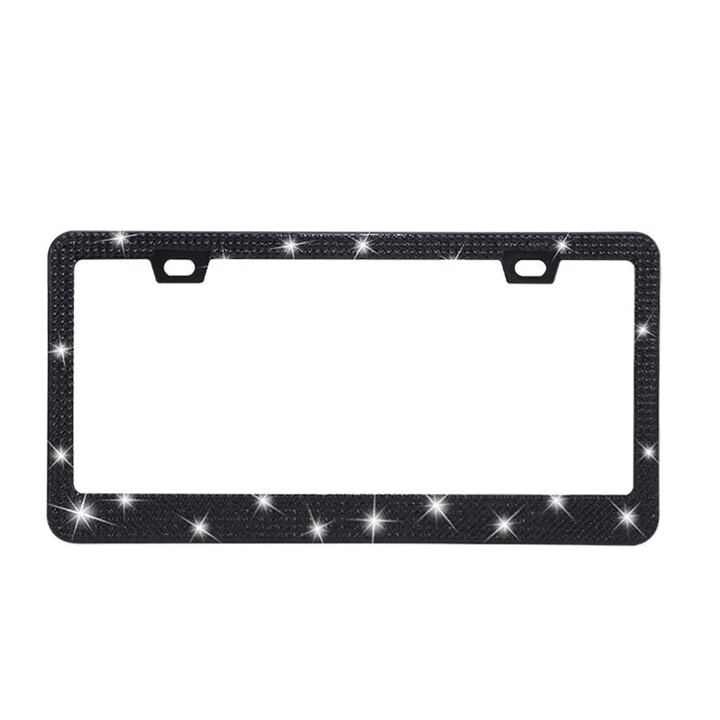 Stainless steel license plate frame with square holes for applying coloured acrylic diamond crystals.