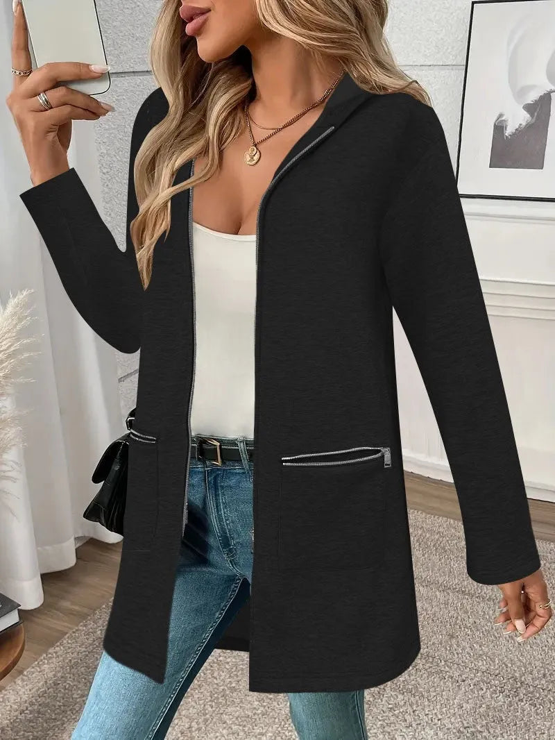 A grey women's loose-fit mid-length cardigan coat with pockets in a casual style.