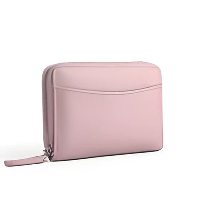 Genuine leather zipper coin purse in a solid colour showing sewing line detail.