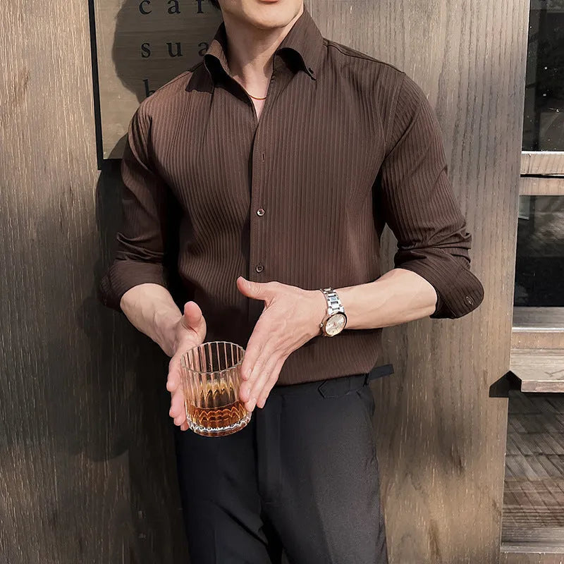 Men's striped V-neck long sleeve shirt in polyester blend available in four colours