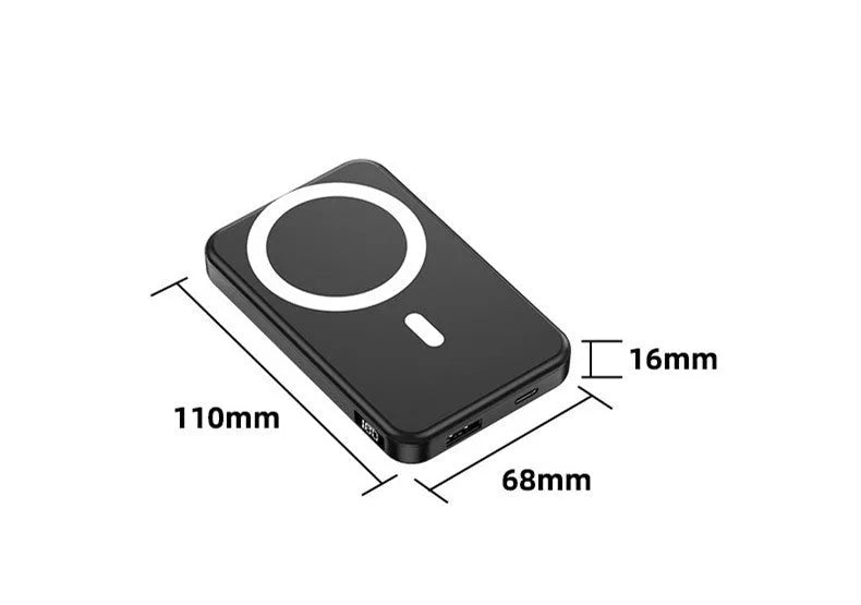 Ultra-thin black magnetic wireless power bank with 10000mAh capacity next to an iPhone.
