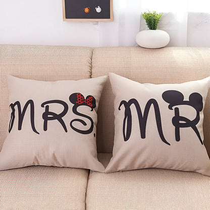 Valentine linen pillowcase 45x45cm cartoon cushion cover with MR and MRS colour options