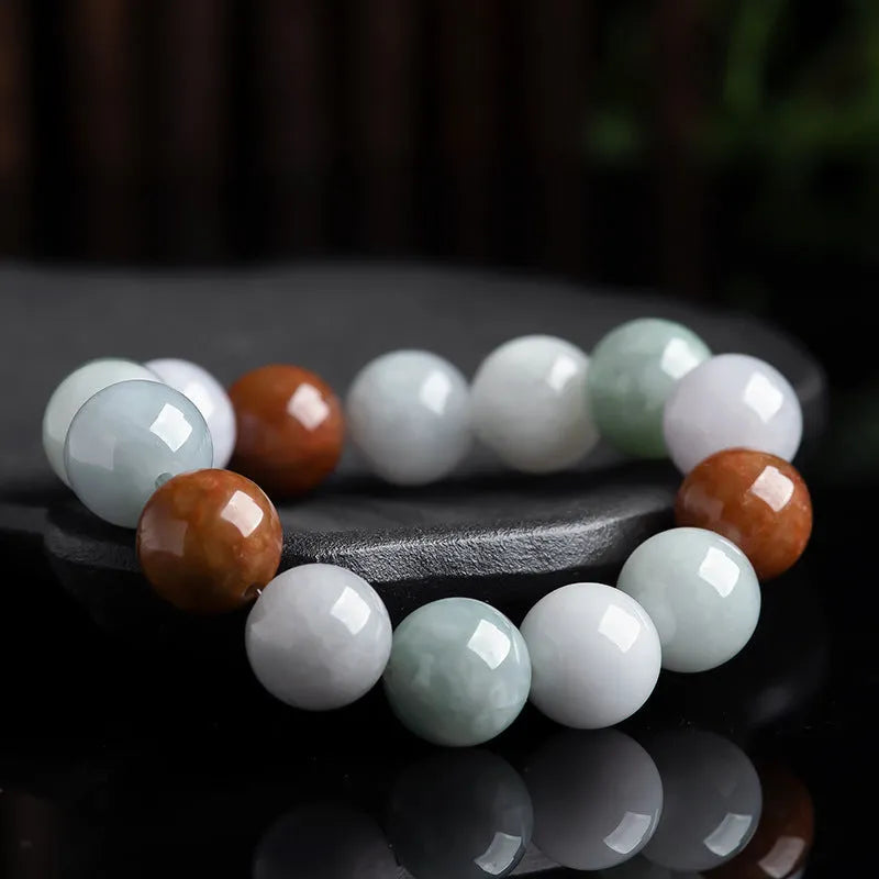 Women's natural Myanmar jade three-colour bracelet featuring round beads in traditional national style with certificate of authenticity and 13mm bead diameter for Asian jewellery collectors