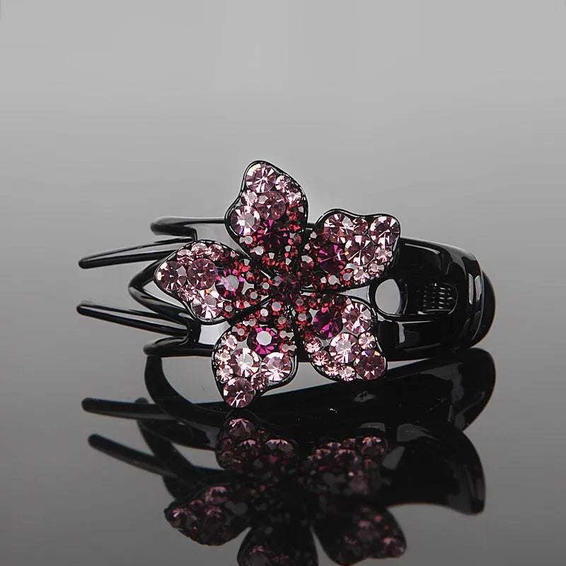 Rhinestone flower three-jaw clamp hair barrette in blue black grey for back-head styling