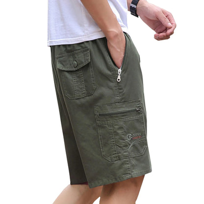 Men's straight leg cotton summer trousers in light grey, dark grey, black blue, and army green colours
