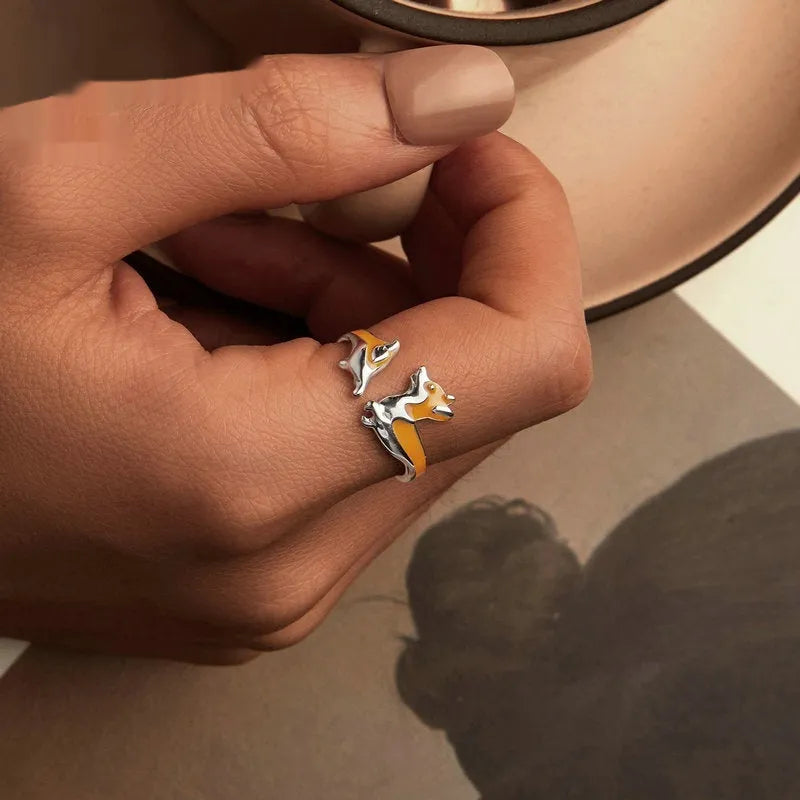 Cartoon corgi dog ring for women, silver-plated adjustable fashion jewellery accessory featuring a cute naive corgi design, suitable as a casual accessory or gift SCR1014-E.