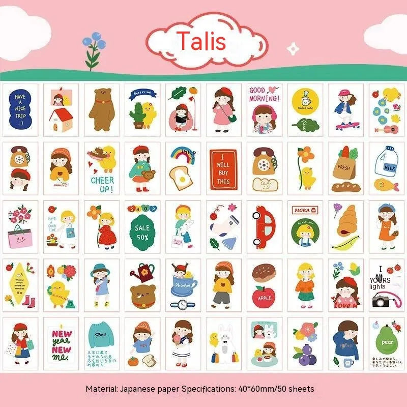 Japanese cartoon character sticker sheet with 50 self-adhesive 40x60mm vinyl decals for notebook decoration