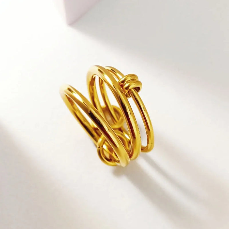 Titanium Steel Ring for Women and Unisex Wear, Gold Electroplated Trinity Geometric Line Design, Sizes 6 7 8, Fashion OL Style Band