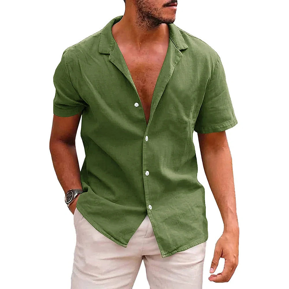 Men's linen-cotton blend short sleeve button down shirt in various colours