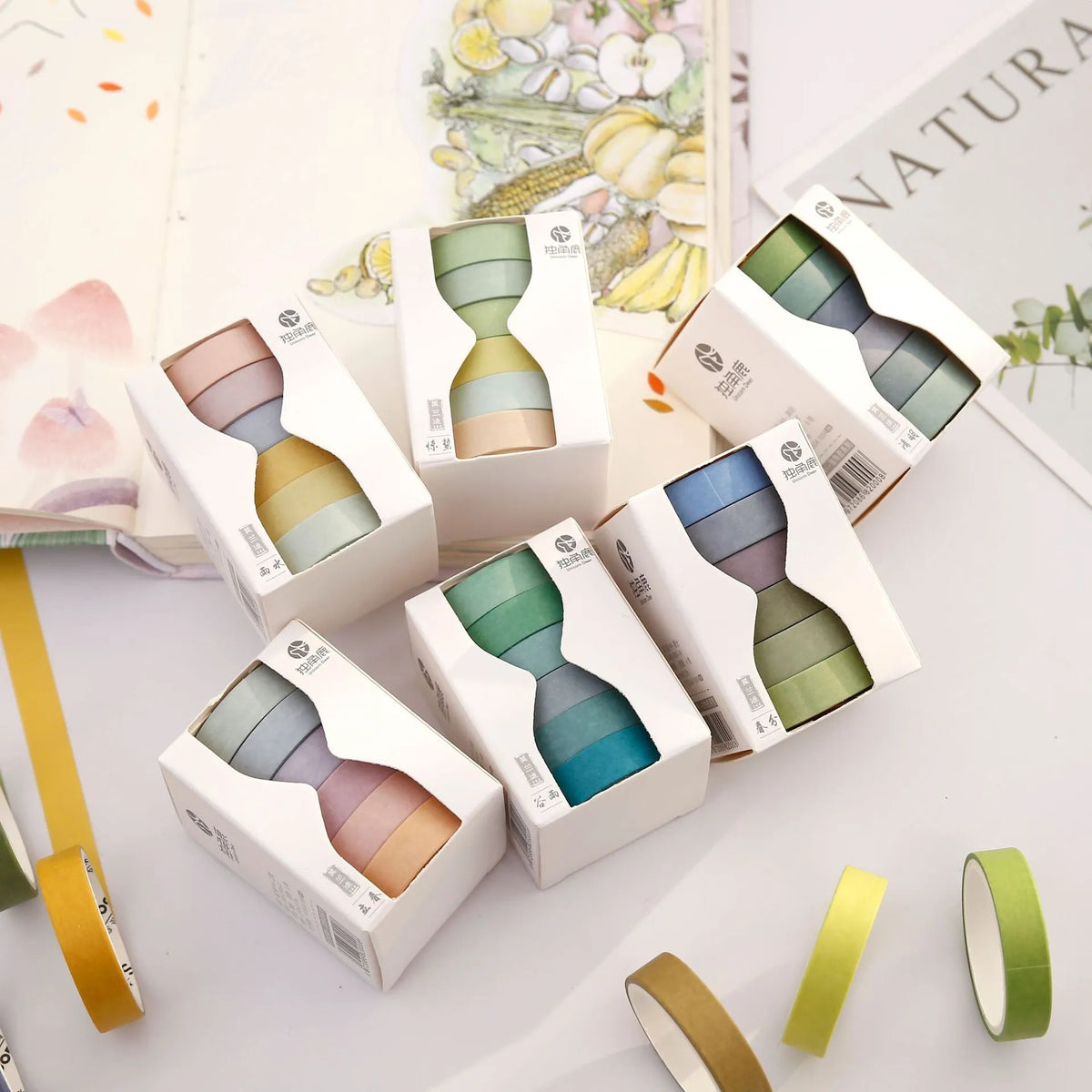Morandi Japanese paper tape set of 6 rolls, 9mm x 3m, in ten muted colour options
