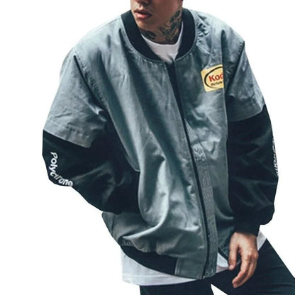 Hip hop style baseball jacket in grey or white with streetwear print, round neck, and side slit pockets.