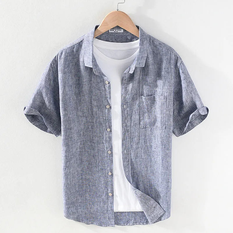 Men's linen short sleeve shirt with square collar in grey or raw jute colour