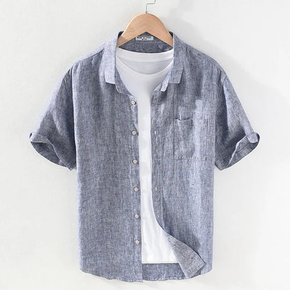 Men's linen short sleeve shirt with square collar in grey or raw jute colour