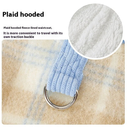 Blue corduroy chessboard grid pet hooded vest with traction hood for dog