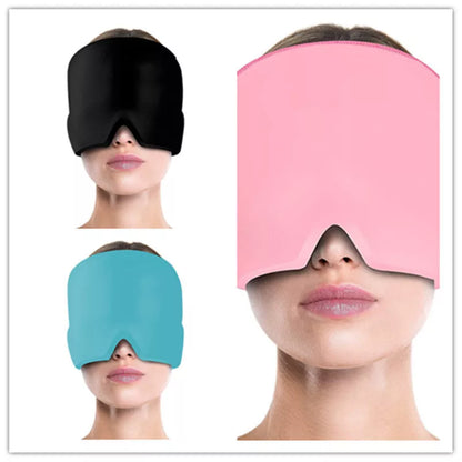 Ice Compress Headache Relief Hat in black and pink, offering 360-degree cold therapy for migraines and stress