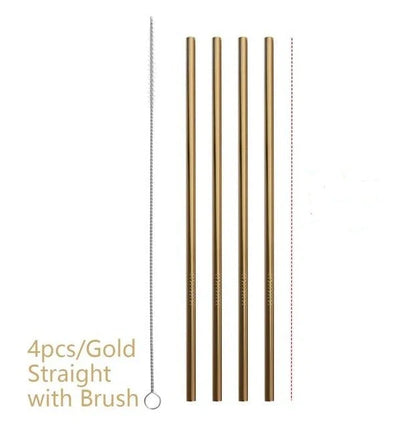 Colourful reusable stainless steel drinking straws with cleaning brush, perfect for eco-friendly sipping.