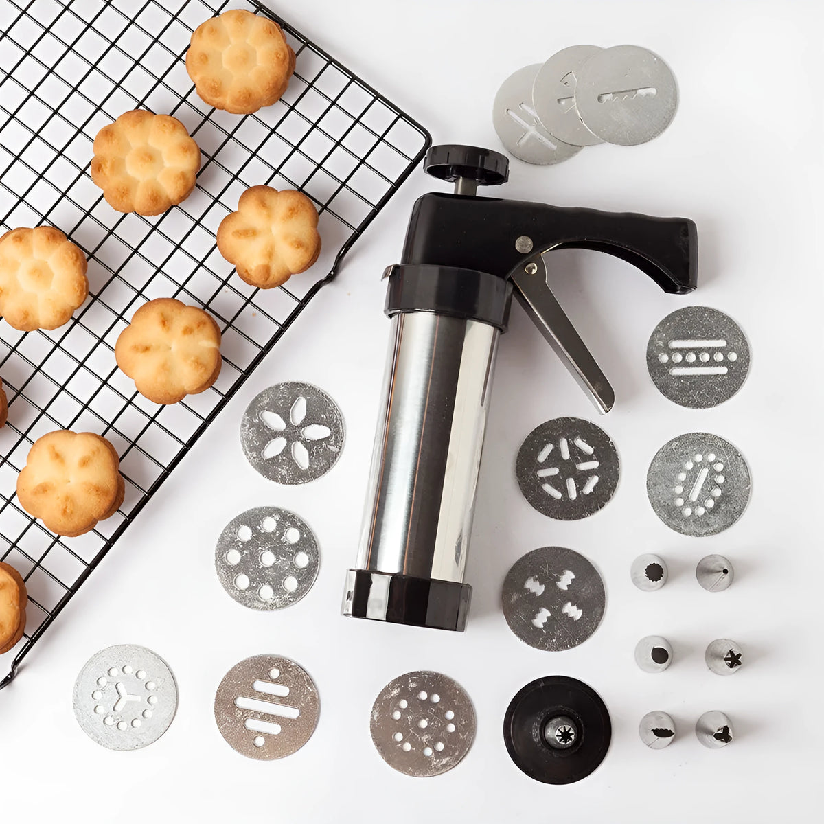 Stainless Steel Biscuit Press with 13 Moulds and 8 Nozzles for Cookie ...