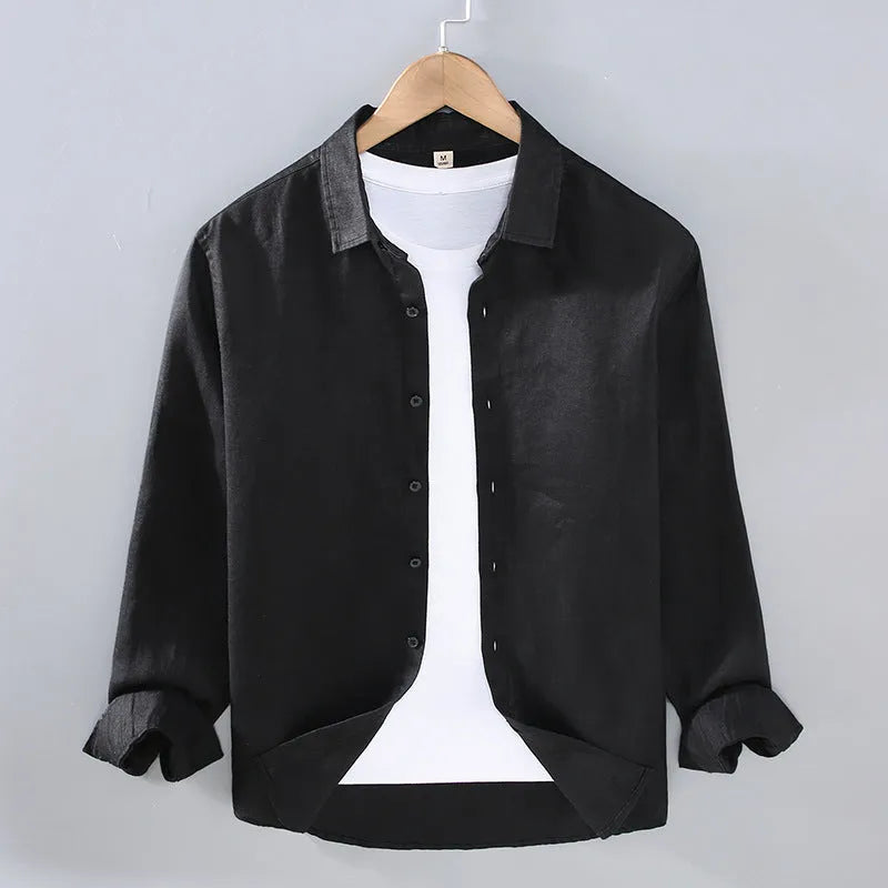 Men's pure linen long sleeve cardigan style shirt in solid colour