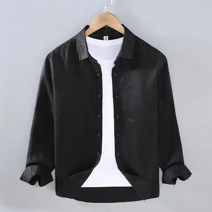 Men's pure linen long sleeve cardigan style shirt in solid colour