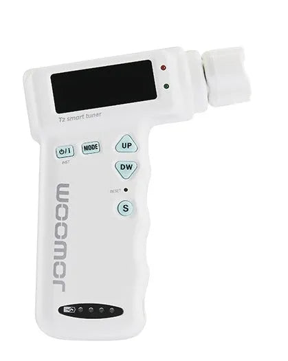 Black and white smart guitar tuner with LCD display and built-in string winder, 11cm width