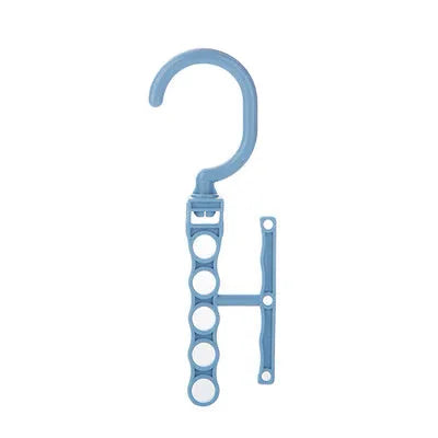 Blue revolving wardrobe hanger with five branches and a handle for multiple garment organisation.