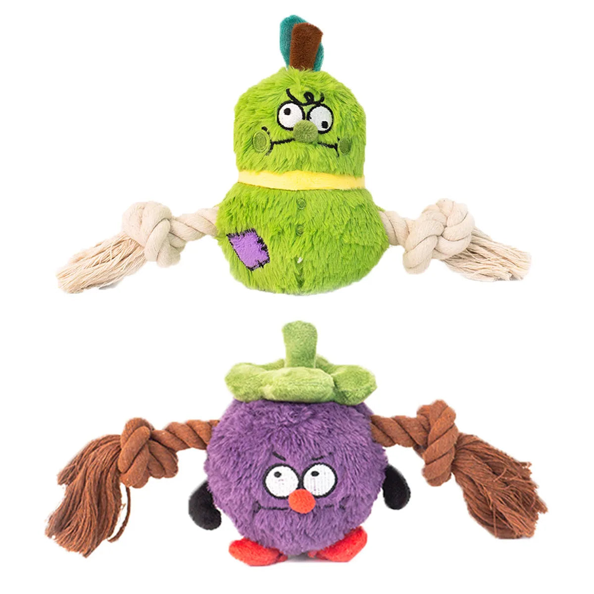 Green and purple plush dog toy with a central rope knot for tugging and chewing.