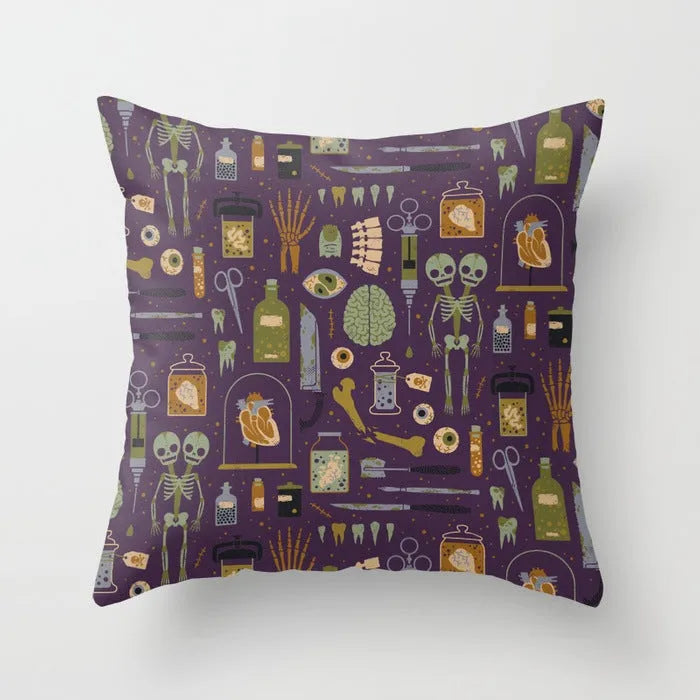 Halloween-themed cartoon print cushion cover on a sofa, 45x45 cm size.