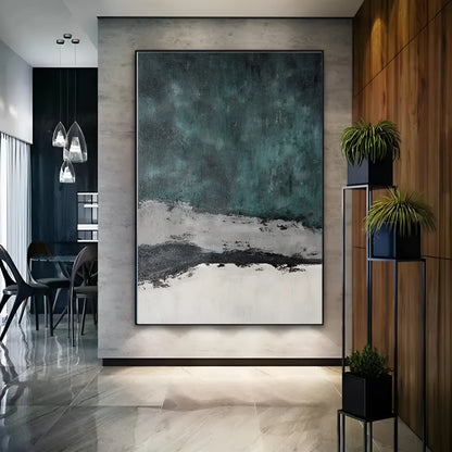 Large handmade abstract oil painting with retro green texture on vertical one-panel canvas, no frame, for living room or bedroom wall art
