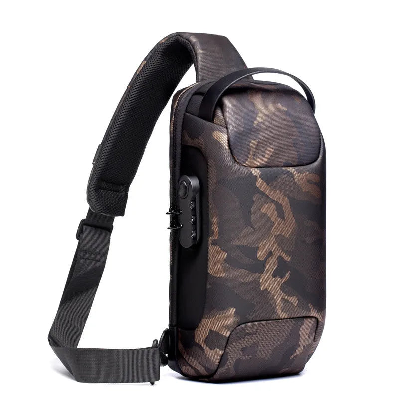 Men's waterproof Oxford crossbody sling bag in camouflage colour showing front zipper and strap.