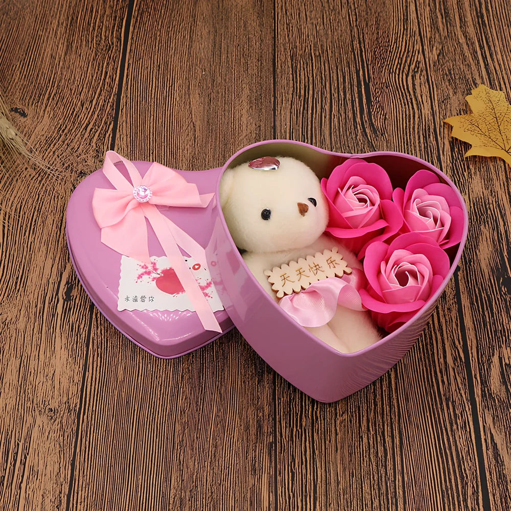 Handmade soap flowers in red heart-shaped tin box measuring 12x12x5cm