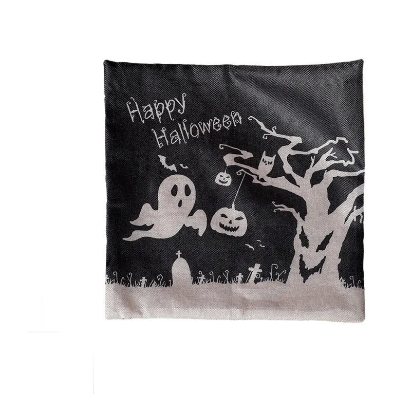 Halloween-themed square cloth pillowcase showing four design options: castle, ghost, pumpkin, and witch styles.