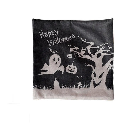 Halloween-themed square cloth pillowcase showing four design options: castle, ghost, pumpkin, and witch styles.